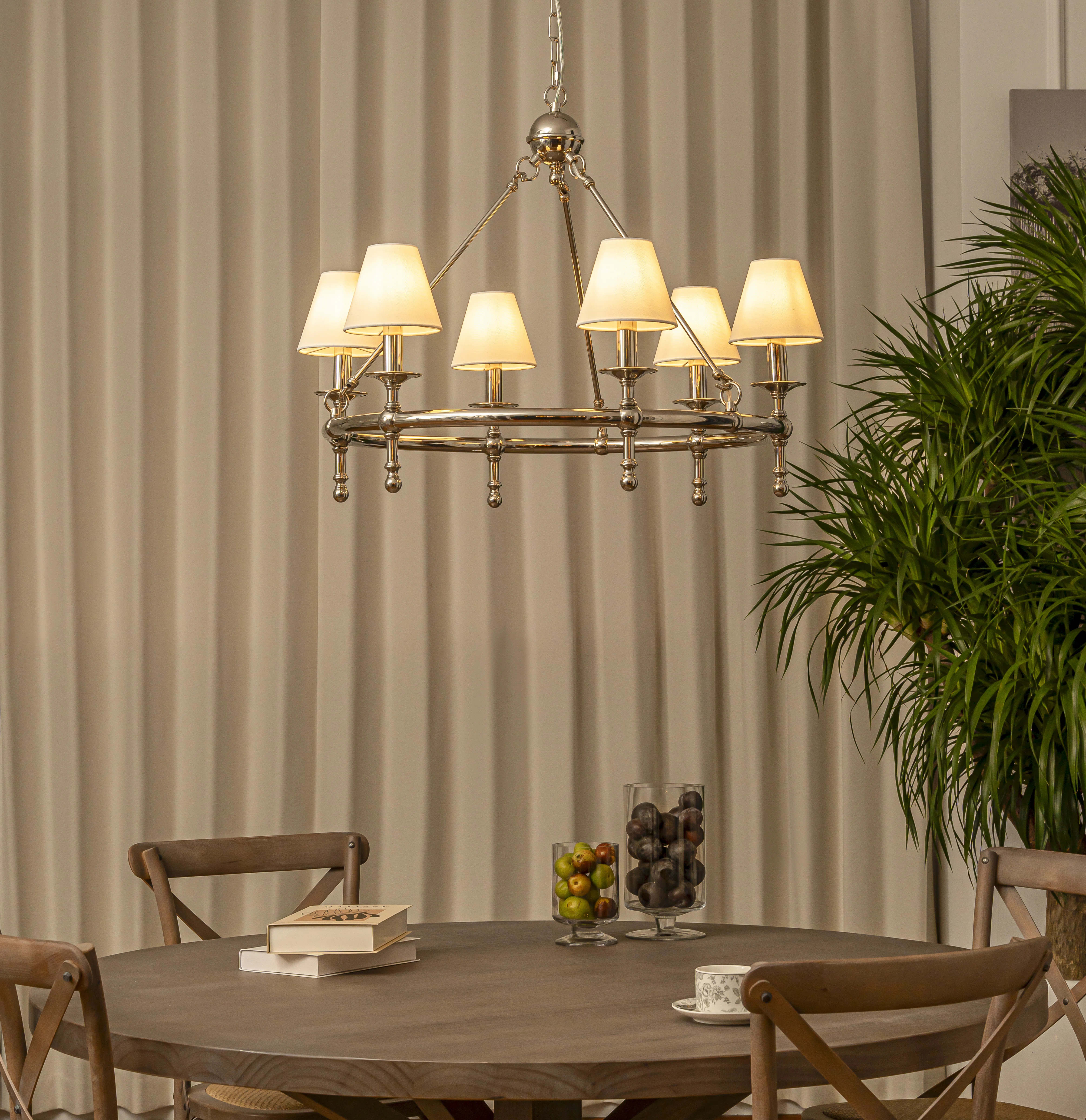 Abdijabar 6 Light Farmhouse Wagon Wheel Chandelier With White Shade For Dining Room | Wayfair North America