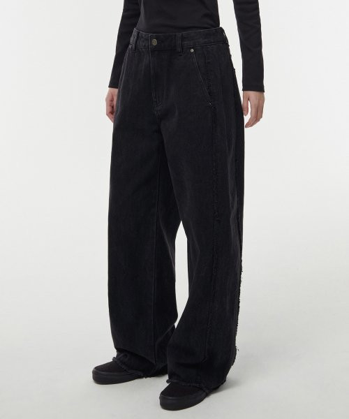 Women's Frey Side Wide Denim Pants [Washed Black] | Musinsa Global