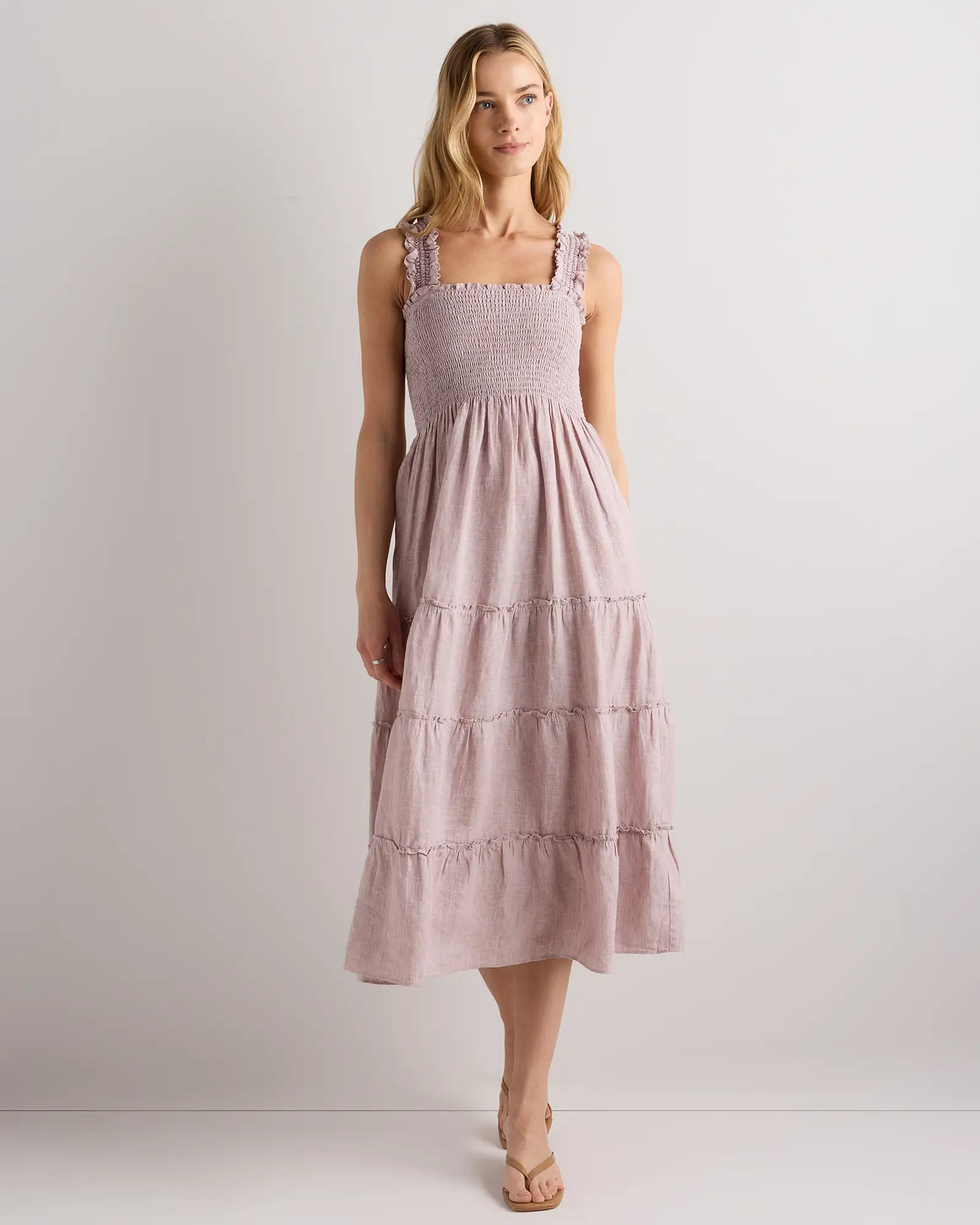 100% European Linen Smocked Midi Dress in Bayberry Olive | Quince