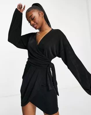 ASOS DESIGN slinky wrap blouson sleeve dress in black | ASOS (Global)