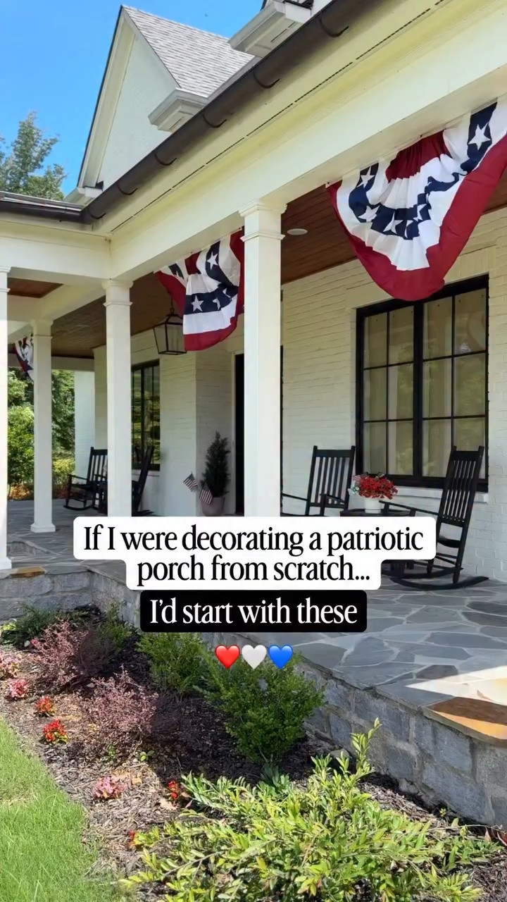 Ever since we moved into this home, I’ve looked forward to hanging the flag bunting and decorating our porch for summer. But you don’t need a large front porch to create this look. Any porch or front door can capture the same classic Americana feeling.

🇺🇸 Subtle stripes: Layer them in with outdoor pillows like I did here, or start with a striped doormat.

🇺🇸 Small flags: Tuck them into planters, weave them into a front door wreath, or line your walkway for a simple, welcoming touch.

🌺 Red and white flowers: They bring a natural element to a patriotic color palette. All of our porch flowers and greenery are faux this year, which means zero maintenance all summer long.

🇺🇸 Flag bunting or banners: Even a single bunting above your front door makes a beautiful statement, or draping a flag banner over the doorway or flanking both sides of the door is another classic option.

How are you celebrating America’s 250th birthday this week? Are you staying home, hosting a backyard barbecue, or heading to the lake or beach?

#patrioticporch #Americanastyle #america250 #summerporch #patrioticdecor

#LTKHome
