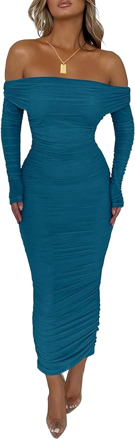 PRETTYGARDEN Women's Fall Off Shoulder Maxi Bodycon Dress Long Sleeve Ruched Fitted Club Dresses ... | Amazon (US)