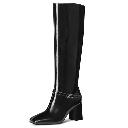 MUCCCUTE Black Knee High Boots for Women Square Toe Chunky Heel Long Boots Pull On Fall Tall Boots PU Leather Size 10 | Amazon (US)