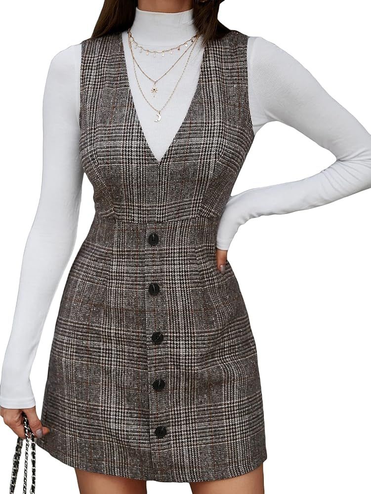 WDIRARA Women's Plaid Deep V Neck Button Front Sleeveless Suspenders Pinafore Dress | Amazon (US)