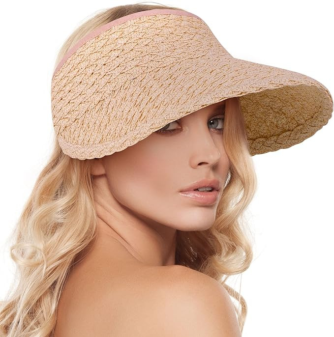 Women's Wide Brim Sun Hats Roll-up Foldable Straw Golf Visor Hat | Amazon (US)