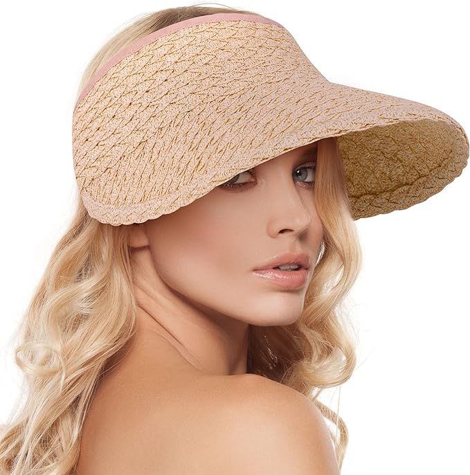 Women's Wide Brim Sun Hats Roll-up Foldable Straw Golf Visor Hat | Amazon (US)