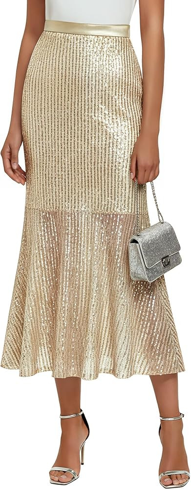 Ficerd Women's Sequin Bodycon Midi Skirt with Zipper Lining Long Mermaid High Waist Sparkly Party... | Amazon (US)