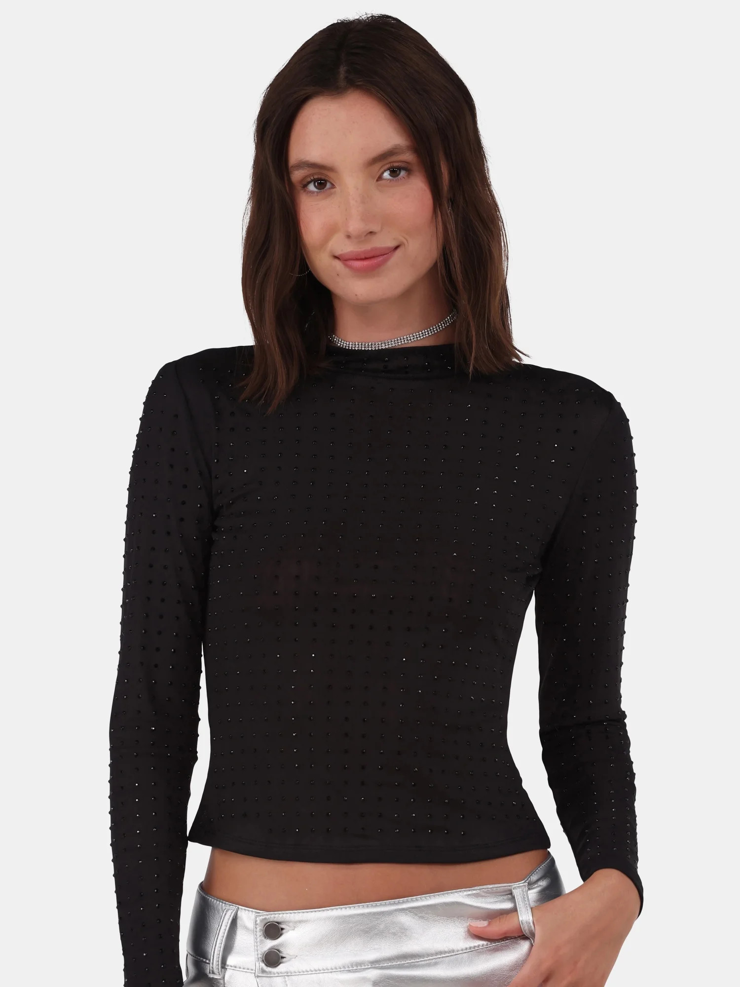 No Boundaries Rhinestone Studded Mesh Top with Long-Sleeves, Women's and Women’s Plus - Walmart... | Walmart (US)