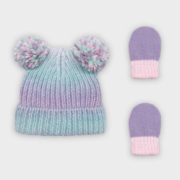 Baby Girls' Rib Ombre Knit Beanie and Magic Mittens Set - Cat & Jack™ Teal/Pink/Purple | Target