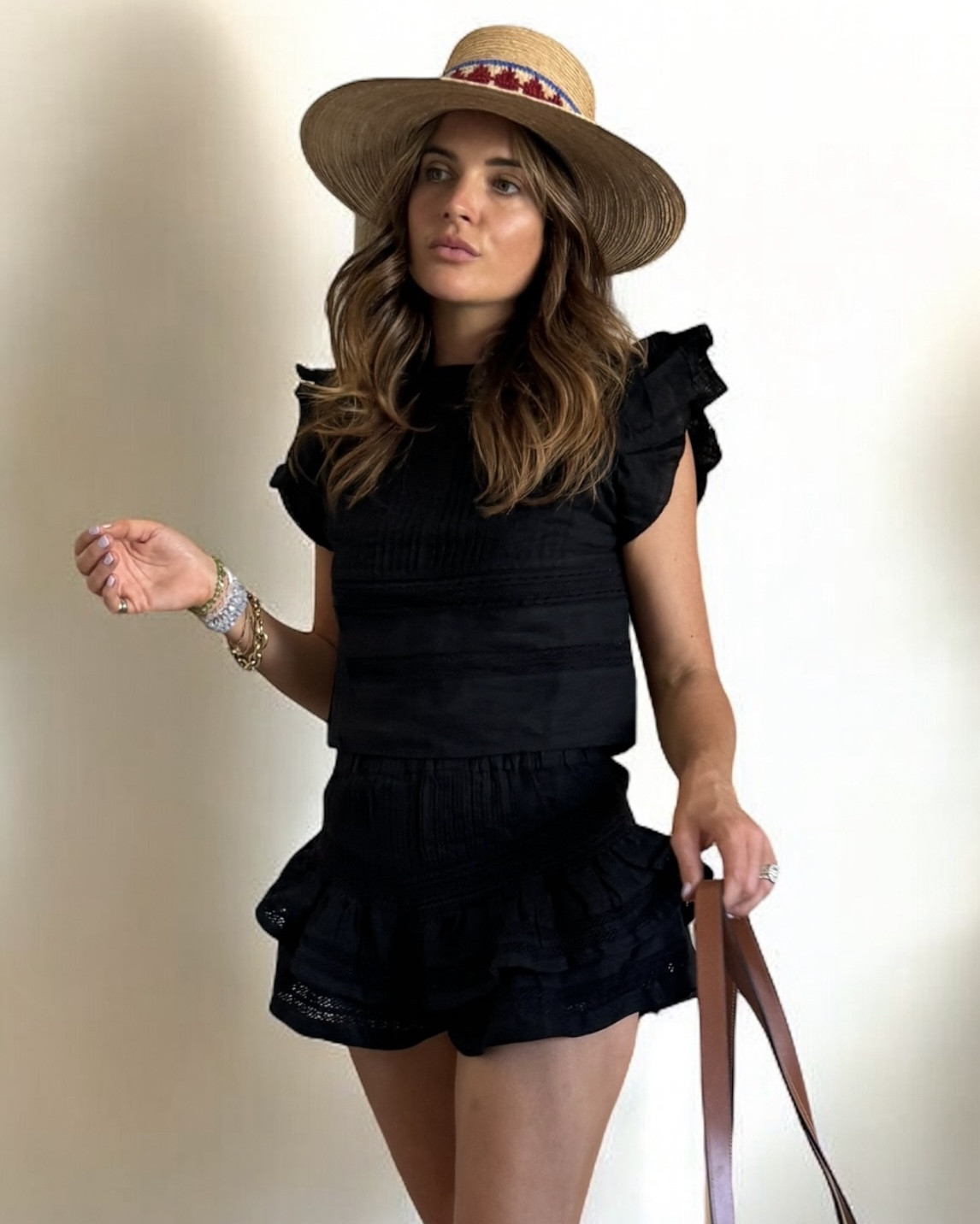 Black top and shorts set | Boho hat | Celine basket bag | Black co ord | Frilly sleeves and ruffle skirt | Beach bag | Summer two-piece outfit | 



#LTKsummer 

#LTKuk #LTKeurope