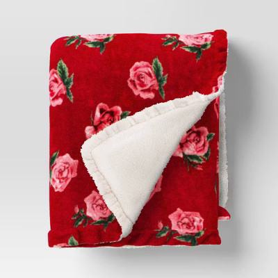 Rose Printed Plush Throw with Faux Shearling Reverse and Ruffled Trim Red - Threshold™ | Target