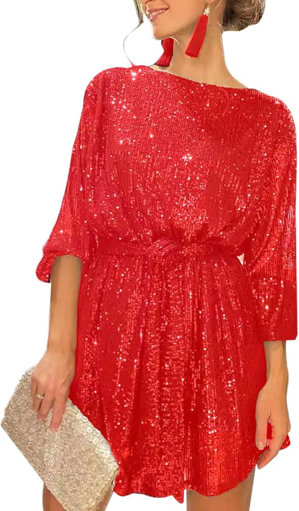 GTMRINJN Women Long Sleeve Red Dress With Sleeves Glitter Dress Party Sparkle Shift Dress Amazon | Amazon (US)