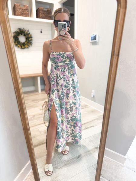 Abercrombie floral maxi in XS petite. I sized up because bust looked small and I like the way it fits. Straps are adjustable. Dress is lined. Vacation outfit. Spring dress. Baby shower dress. Wedding shower dress. Brunch dress. Vacation outfit. Spring dress. Summer dress. Resort wear. Tory Burch sandals are the older Ines style. Celine sunglasses. 

#LTKwedding #LTKtravel #LTKitbag