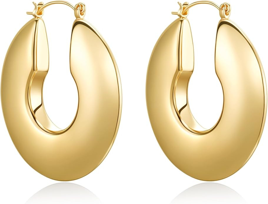 18K Gold Hoop Earrings for Women Chunky Hypoallergenic Lightweight Hoops Large Earrings - Thick T... | Amazon (US)