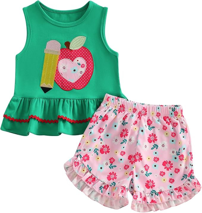 Toddler Girl Back to School Outfit Kids Pencil Plaid T-Shirt Shorts Set | Girls Perschool Kinderg... | Amazon (US)
