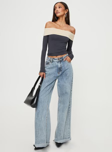 Machado Off The Shoulder Top Slate / Beige | Princess Polly US