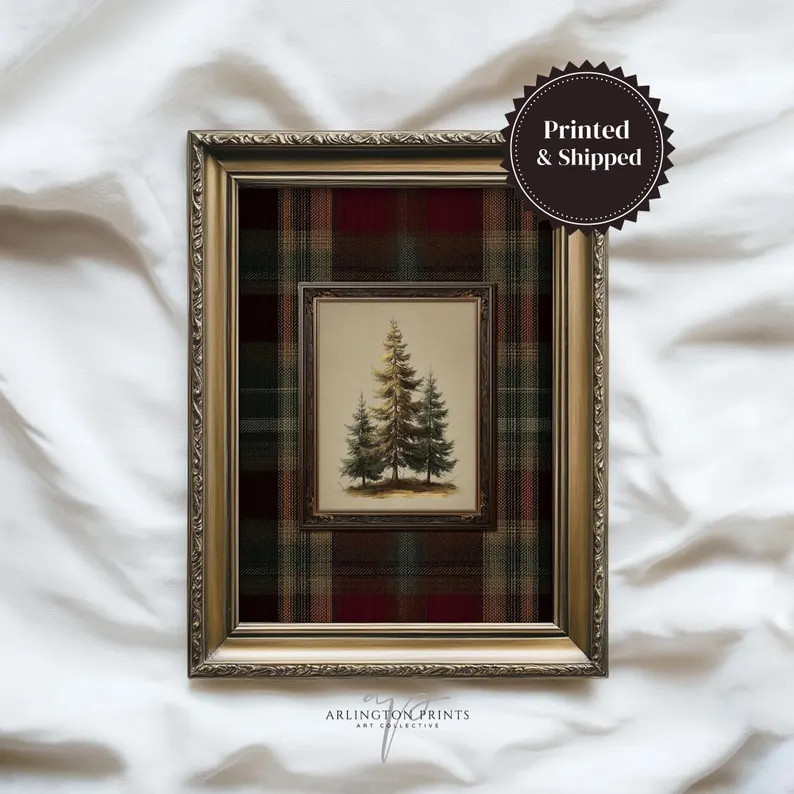 Rustic Plaid Pine Print, Classic Christmas Wall Art, Vintage Holiday Decor Poster, Cozy Winter Ar... | Etsy (US)