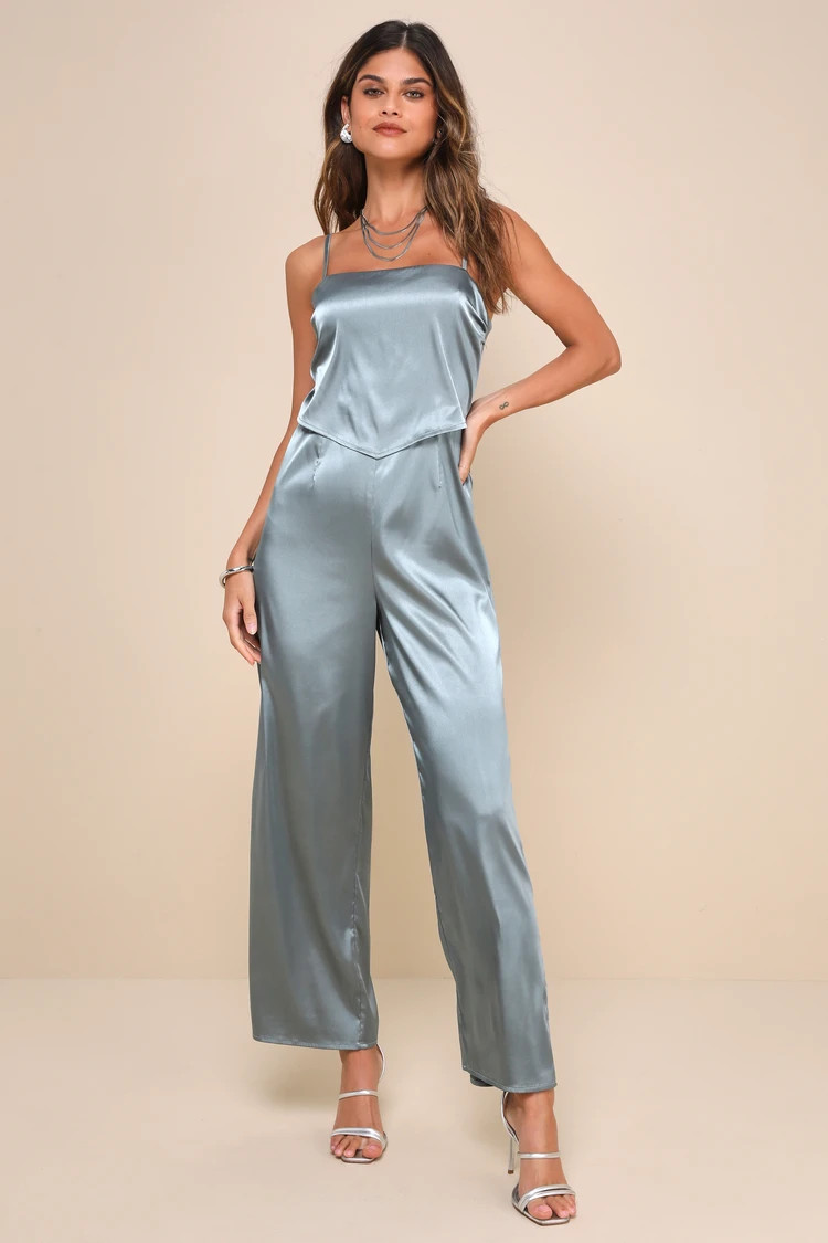 Gorgeous Attitude Sage Satin Tie-Back Sleeveless Jumpsuit | Lulus