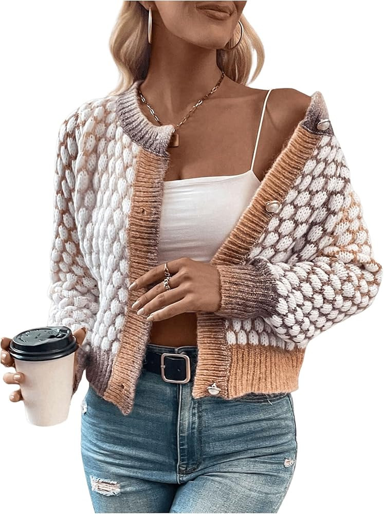 GORGLITTER Women's Button Up Colorful Cropped Cardigan Sweater Cute Long Sleeve Casual Knit Outwe... | Amazon (US)