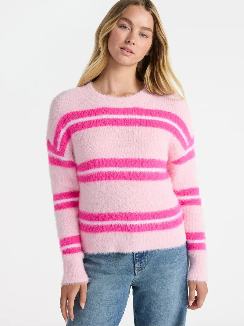 No Boundaries Striped Feather Sweater, Women's & Women's Plus | Walmart (US)
