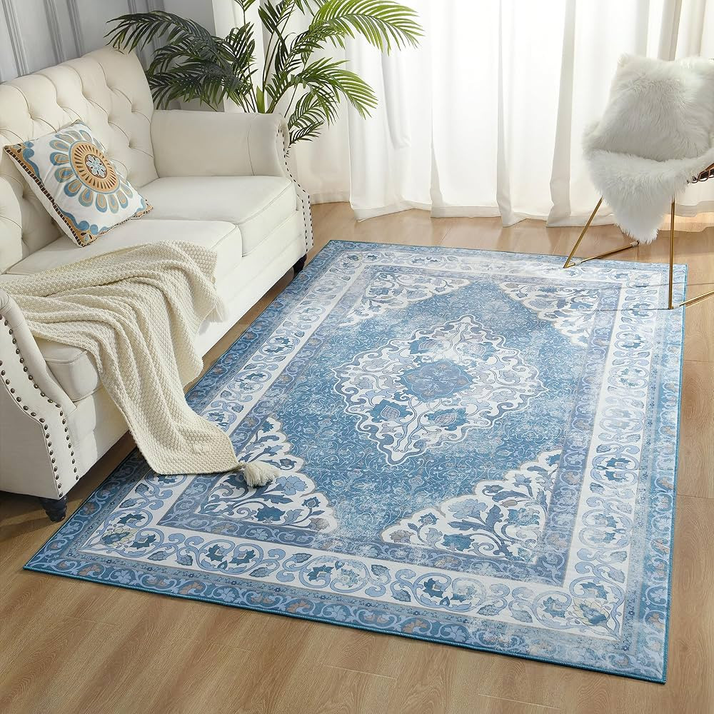 Living Room Rug 5x8 Area Rug for Bedroom Boho Rug Blue Persian Rug Soft Memory Foam Bedroom Rug O... | Amazon (US)