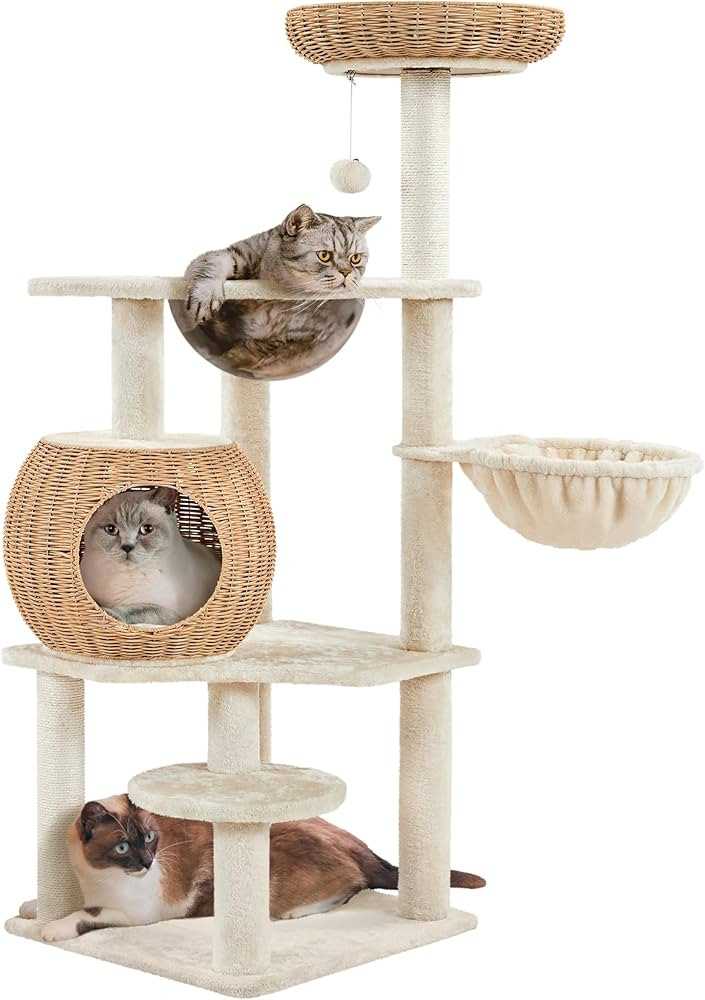 Yaheetech 54in Rattan Cat Tree, Modern Tower with Breathable Woven Condo, Scratching Posts & Wash... | Amazon (US)