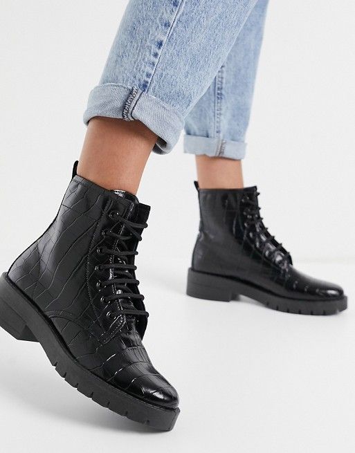 Topshop lace up boots in black croc | ASOS (Global)