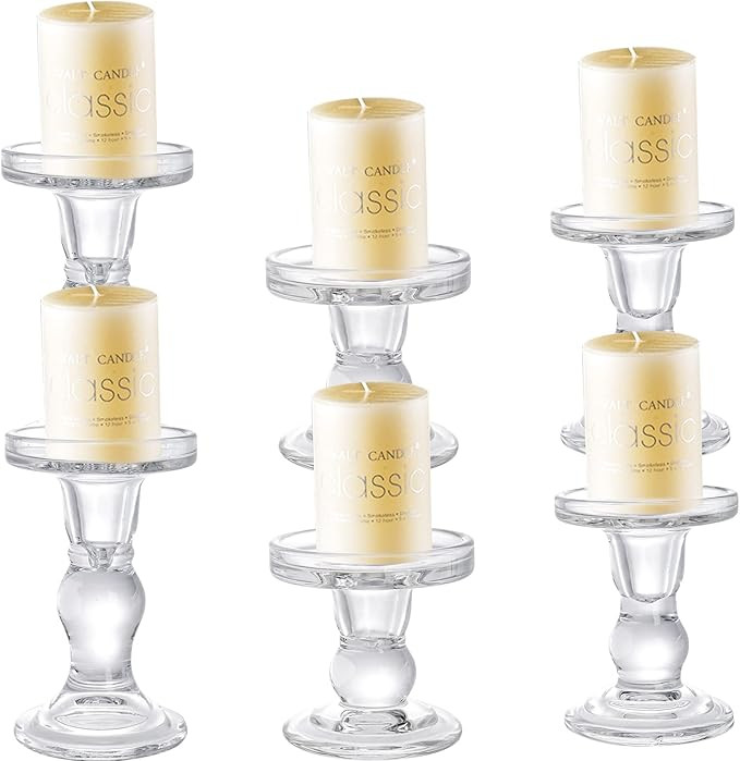 Okllen Set of 6 Glass Candle Holders, Clear Pillar Taper Candlestick Crystal Tealight Candle Hold... | Amazon (US)