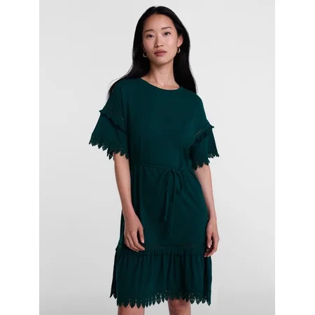 Scenario Women's Lace Trim Knit Dress with Short Sleeves, Sizes XS-XXXL | Walmart (US)