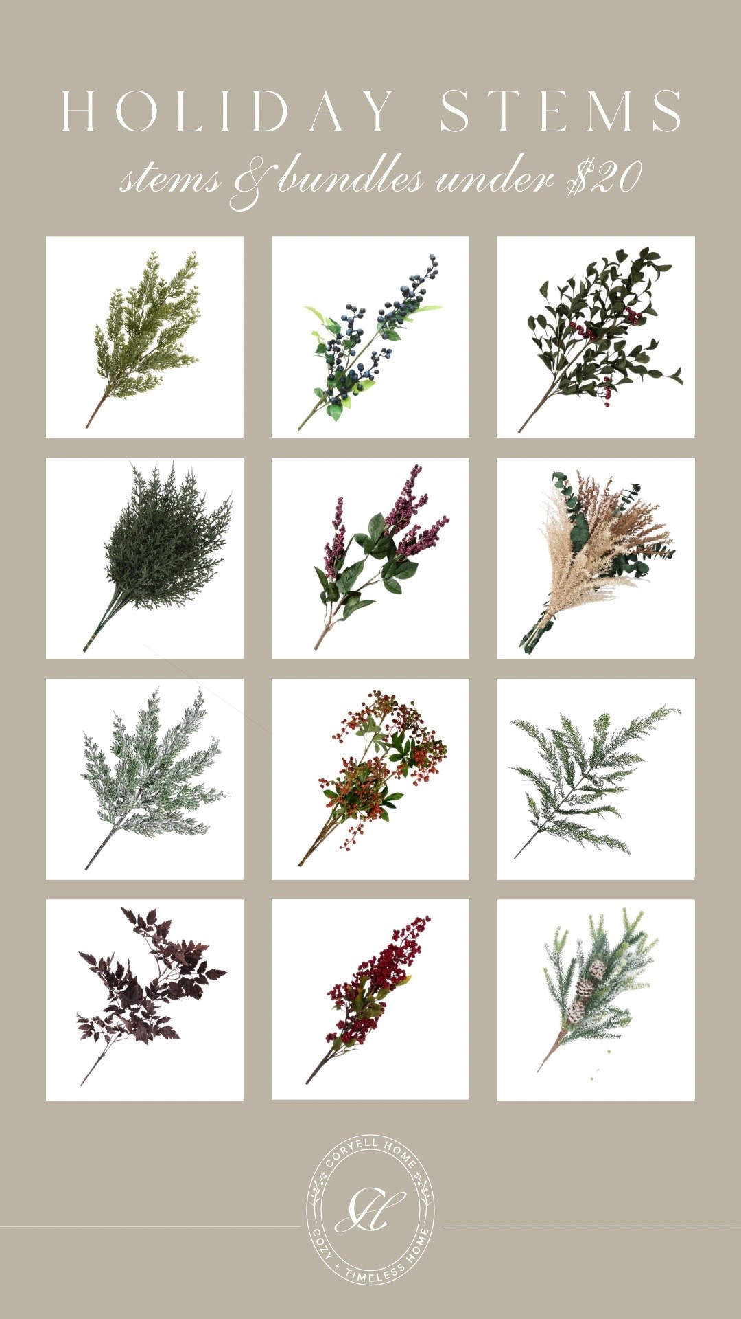 Holiday stems and bundles under $20 but most are under $15! A variety of winter stems with frosted berries, cranberries, cedar and pine that will make your home cozy and lively with festive color!

#LTKStyleTip #LTKHome #LTKSeasonal