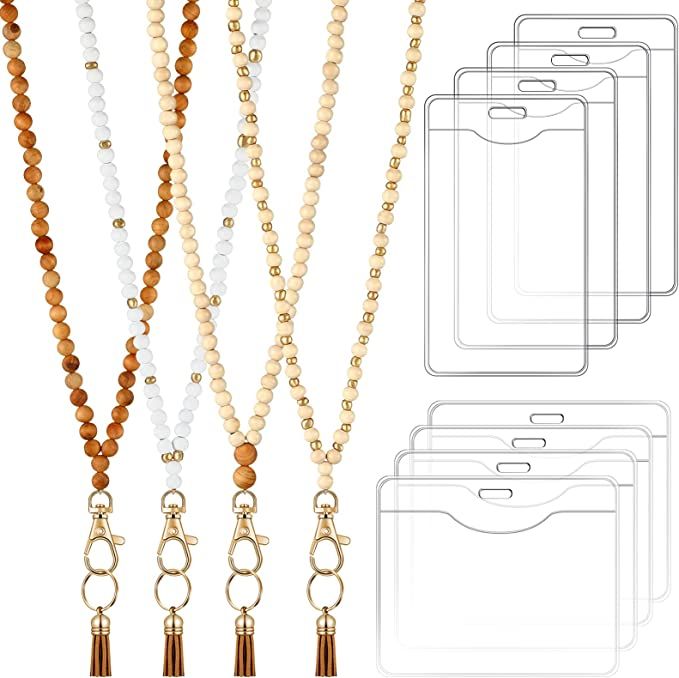 12 Pieces Wood Beaded Lanyards and Card Holder Set, Including 4 Wooden Bead Neck Strap Bohemian B... | Amazon (US)