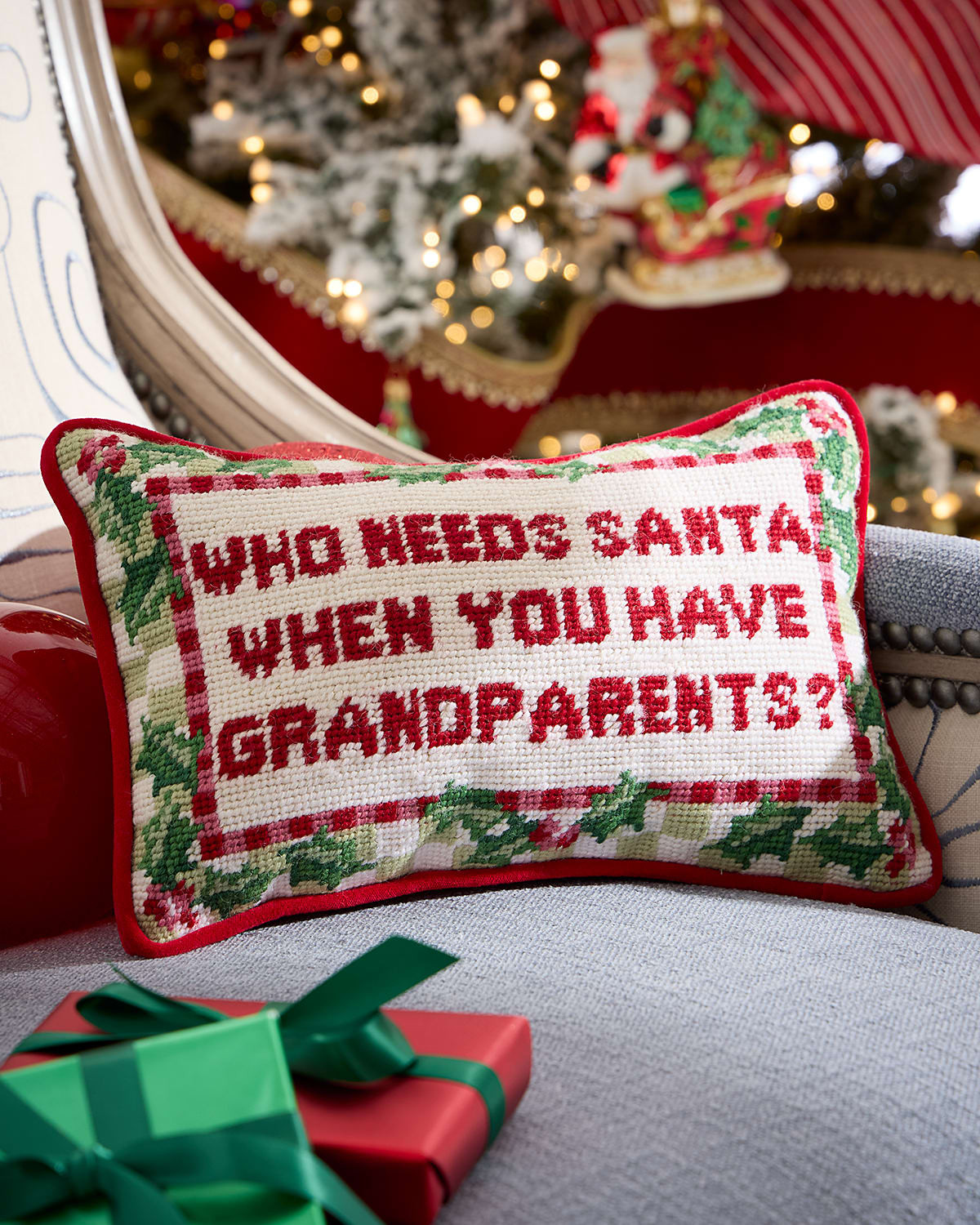 Who Needs Santa Needlepoint Pillow, 8" x 12 | Neiman Marcus