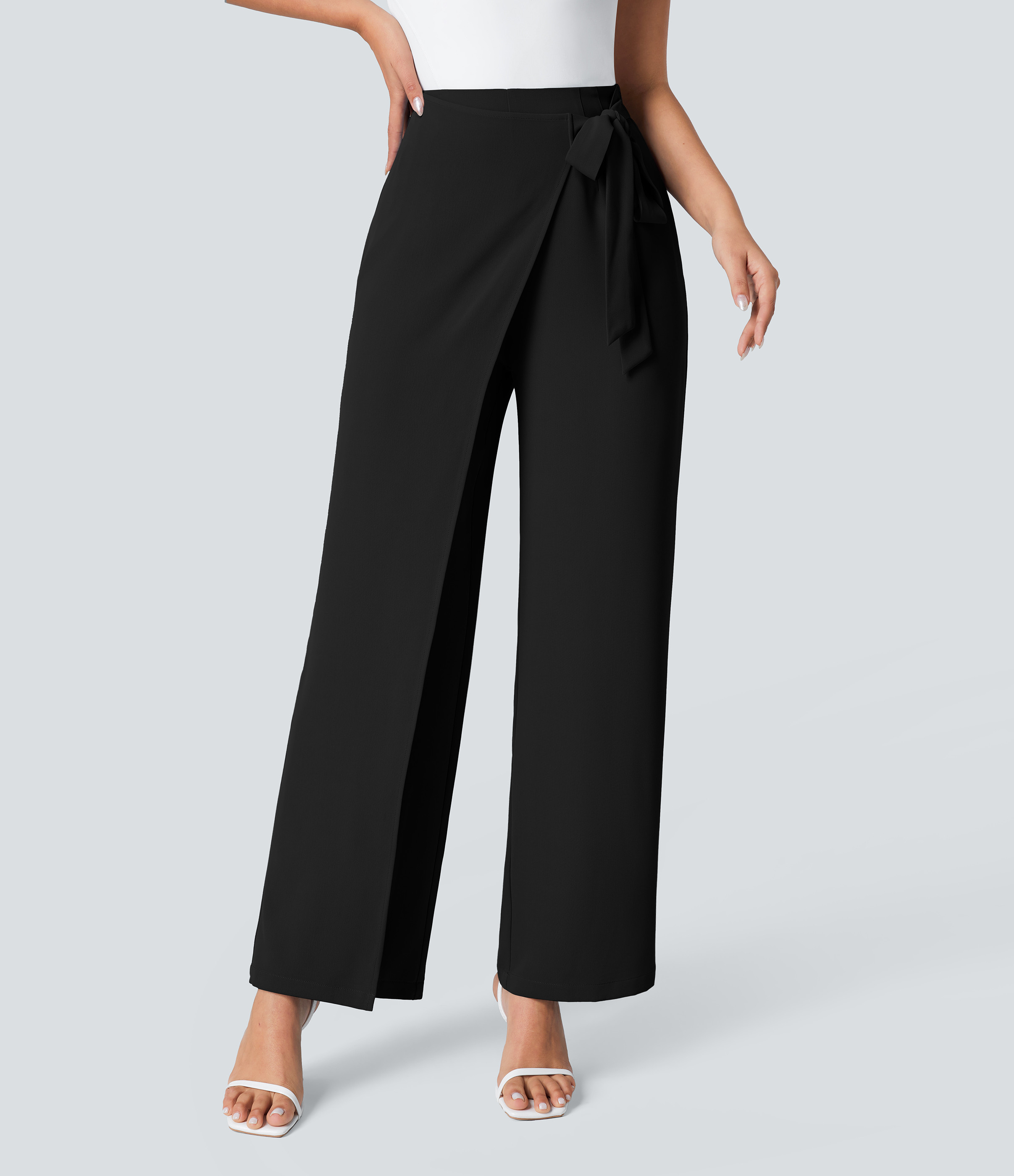 Halara High Waisted Tie Side Wide Leg Work Pants - Black - XL(petite) sweatpants jogger pants stacked sweatpants cargo joggers | HALARA
