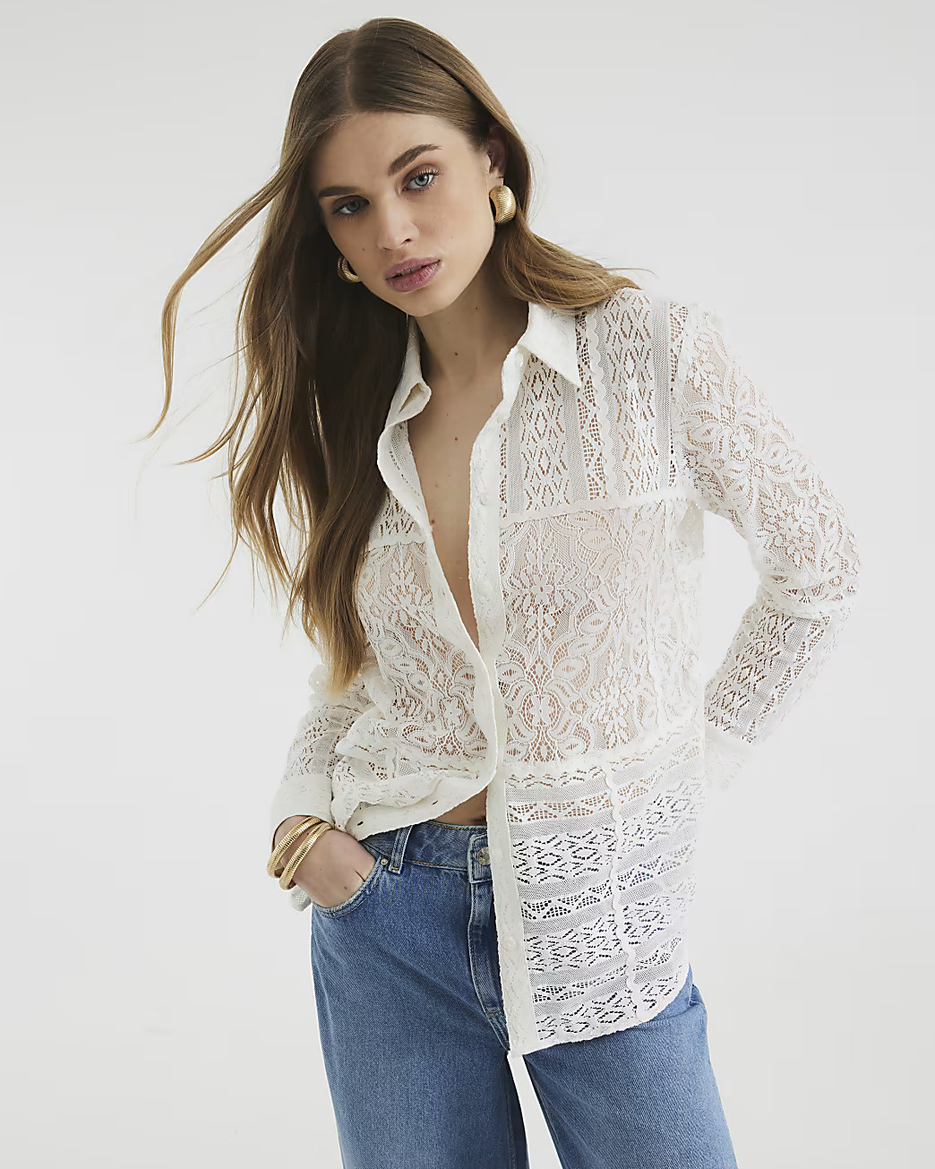 Cream Long Sleeve Lace Shirt | River Island UK & IE