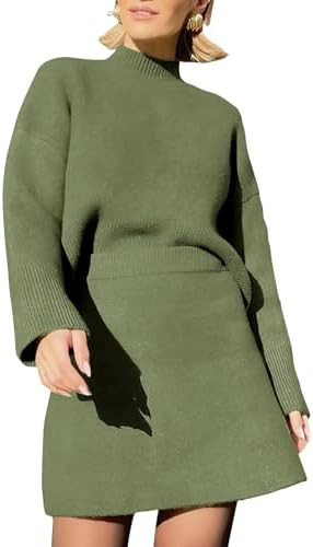 EXLURA Womens 2 Piece Outfits Casual Sweater Dress Sets Long Sleeve Mock Neck Ribbed Knit Tops Bo... | Amazon (US)