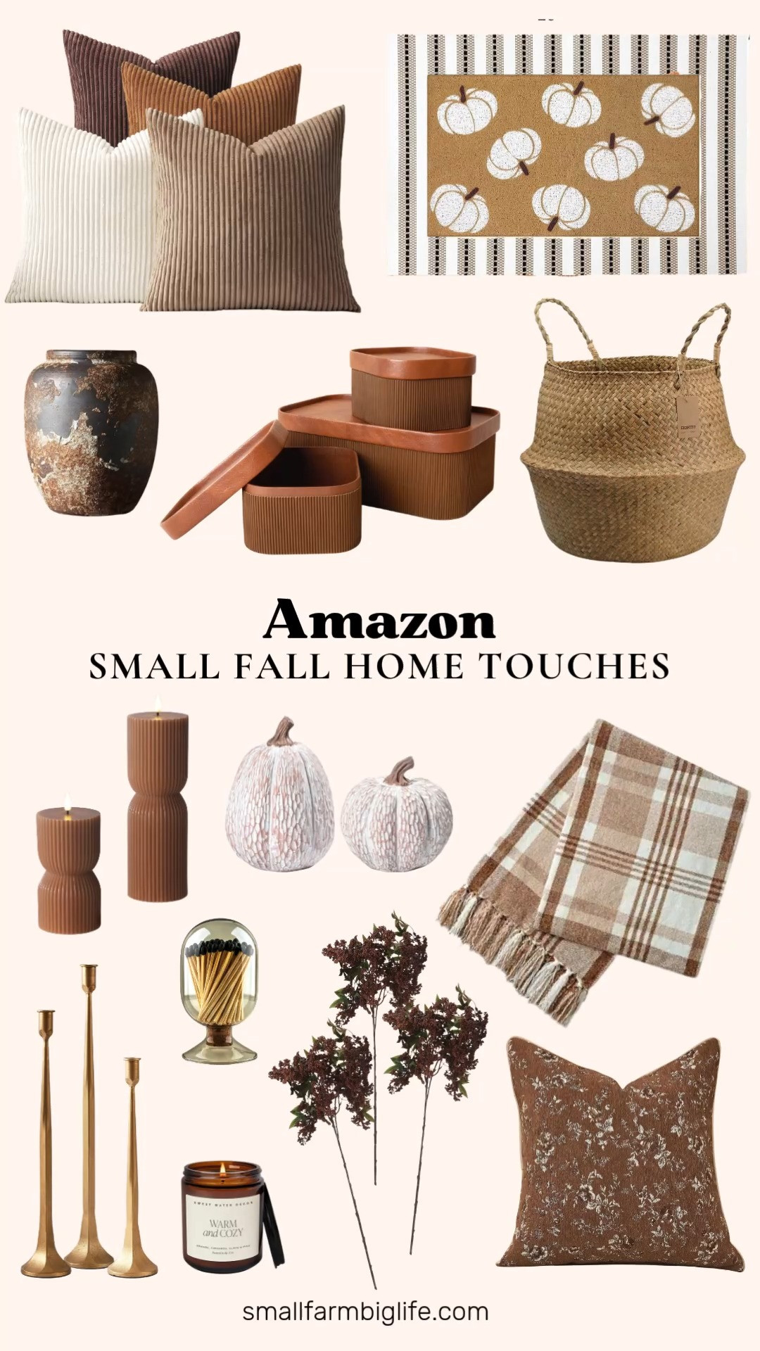 Small Fall Home Touches

These are the little details that make a home feel like fall without a full decor overhaul. A brown vintage floral throw pillow cover and a set of corduroy pillow covers in warm brown tones are an easy way to update your couch, and a light brown plaid chenille throw blanket adds a cozy layer for the living room.

For tabletop and entryway styling, the brown and white artificial pumpkins and the layered neutral pumpkin doormat set bring in that classic farmhouse harvest look. A set of flameless pillar candles in ribbed brown glass gives you warm, flickering ambiance without the fire risk, and the faux berry stems and hammered gold metal bowl are perfect for filling a vase or a console table.

A few other favorites for finishing touches: the woven seagrass belly basket is great for extra storage or a plant, the rustic terracotta vase adds texture to any shelf, and the faux leather storage boxes keep clutter out of sight while still looking intentional. If you want a scented touch, the amber glass candle with orange peel, cinnamon, and clove notes is the perfect cozy fall scent for the home.

#falldecor #cozyhome #farmhousedecor #falltouches #homedecorfinds 

 #LTKSeasonal #LTKHome