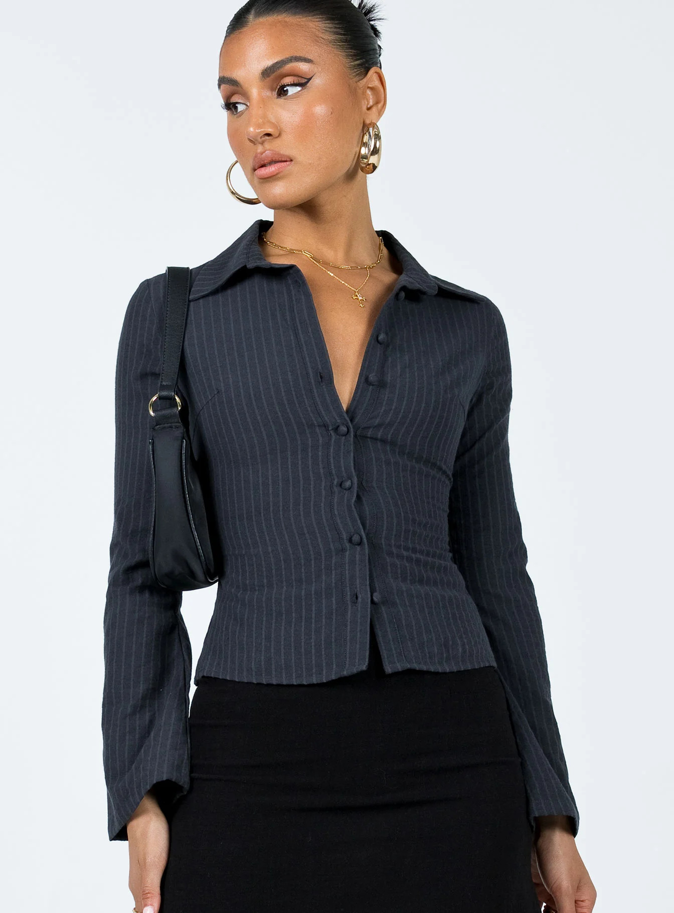 Anni Pinstripe Shirt Black | Princess Polly US