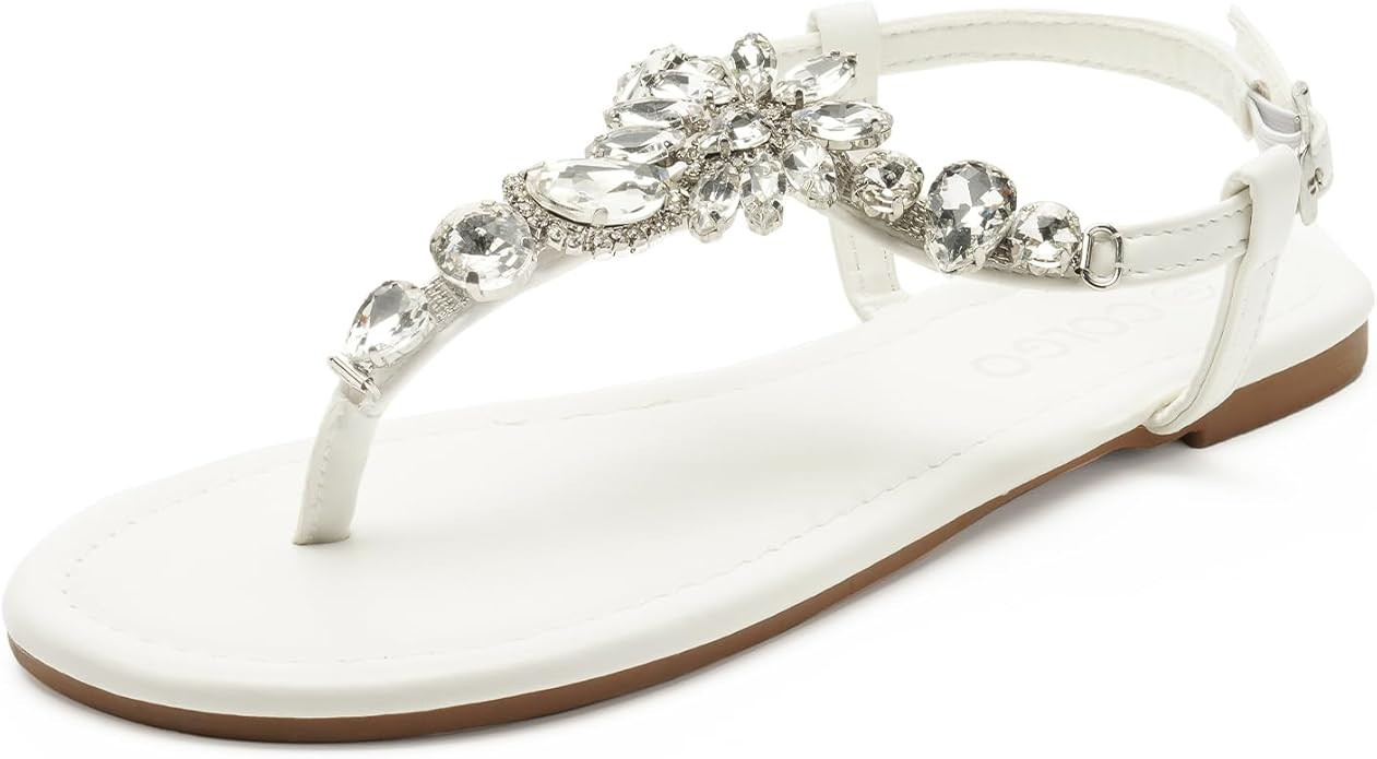 Colgo Women's T-Strap Flat Sandals, Elegant Glitter Rhinestone Thong Dress Shoes, Comfortable Wed... | Amazon (US)