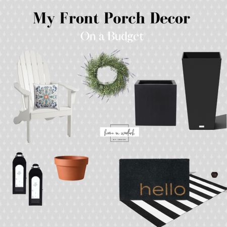 Here are my sources for my front porch decor on a budget.  Clean, simple lines in neutral colors.  

Walmart lanterns, Target doormat, black modern planters.  Terracotta pot.  White Adirondack chair.  World Market outdoor decor.  Outdoor throw pillow.  Summer wreath.  

#LTKhome #LTKFind #LTKSeasonal