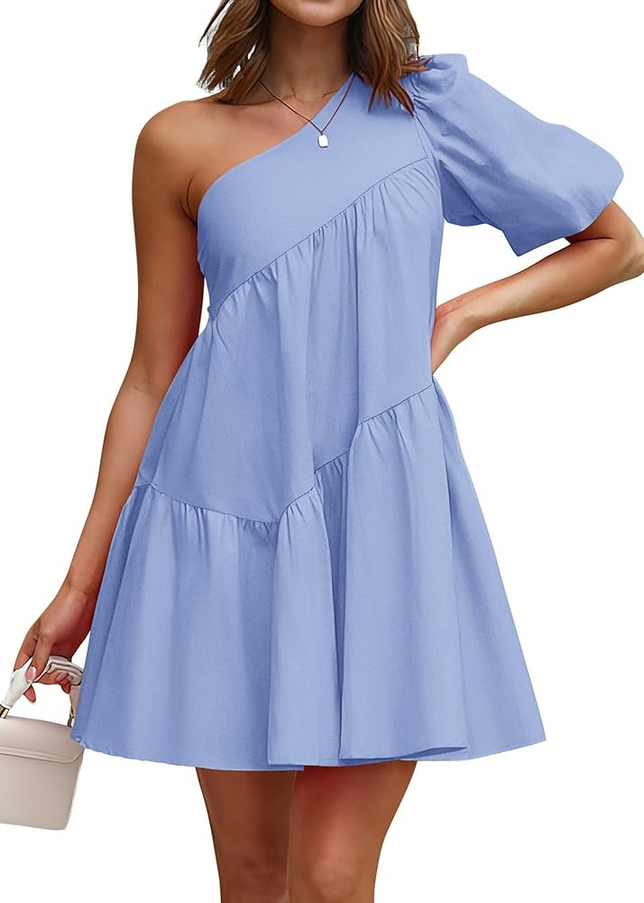 KIRUNDO Womens 2023 Summer Casual One Shoulder Mini Babydoll Dress Puff Sleeve Loose Tiered A Lin... | Amazon (US)