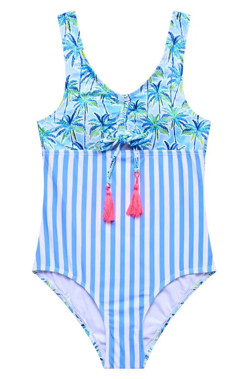 Beach Lingo Kids' Palm Paradise Cutout One-Piece Swimsuit in Blue at Nordstrom, Size 16 | Nordstrom