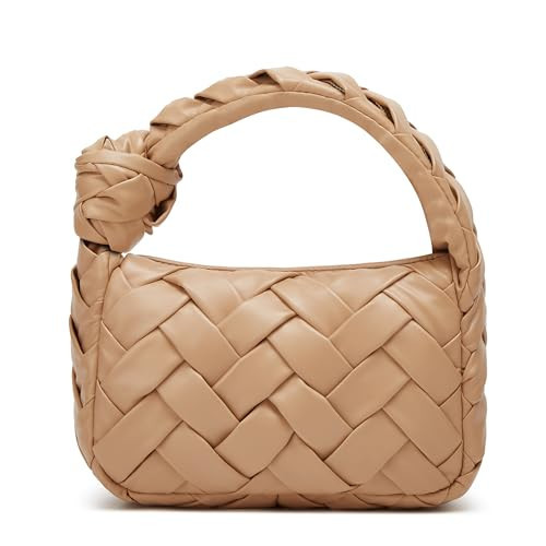 Woven Hobo Bags for Women Knotted Purse Trendy Top Handle Clutch Bag Soft Vegan Leather Handbags Khaki | Amazon (US)