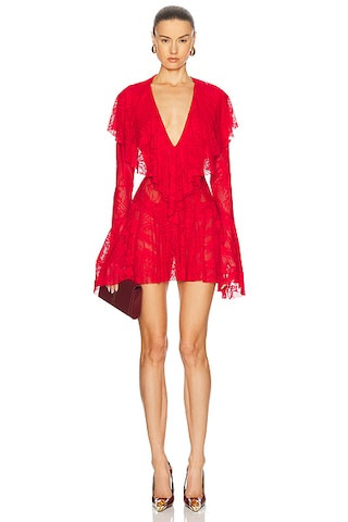 Norma Kamali Long Sleeve Deep V Ruffle Mini Dress in Tiger Red | FWRD | FWRD 