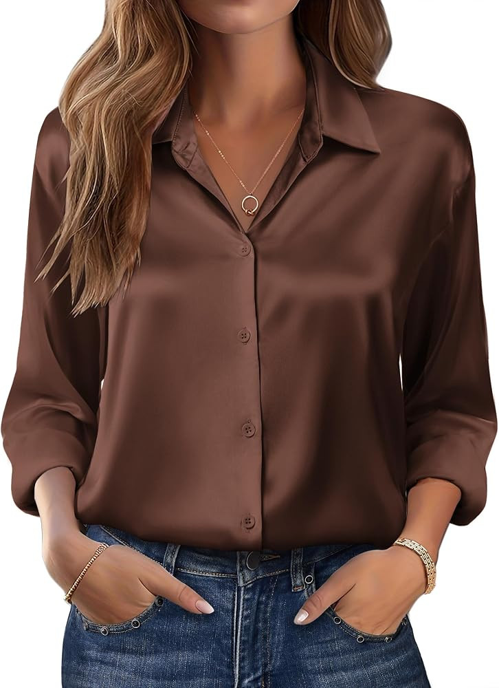 Zeagoo Womens Tops Long Sleeve Satin Silk Button Down Shirts Dressy Blouses | Amazon (US)