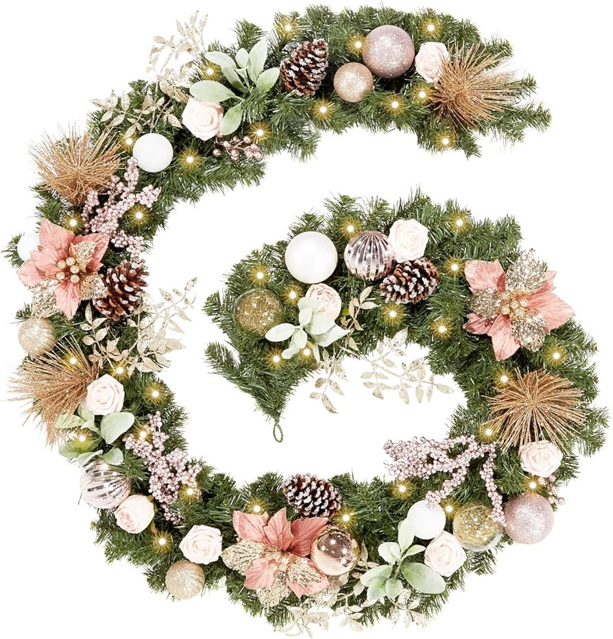 WBHome Pre-lit 9 Feet/108 Inch Christmas Garland, Rose Gold Lighted Garland with 50 LED Lights fo... | Amazon (US)