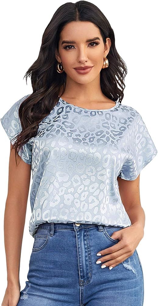 SheIn Women's Short Sleeve Satin Blouse Shirt Graphic Print Round Neck Tops | Amazon (US)