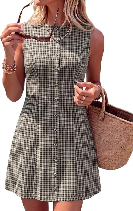 BTFBM Summer Dresses for Women 2026 Plaid Sleeveless Zip Up A Line Mini Dress Business Casual Vac... | Amazon (US)