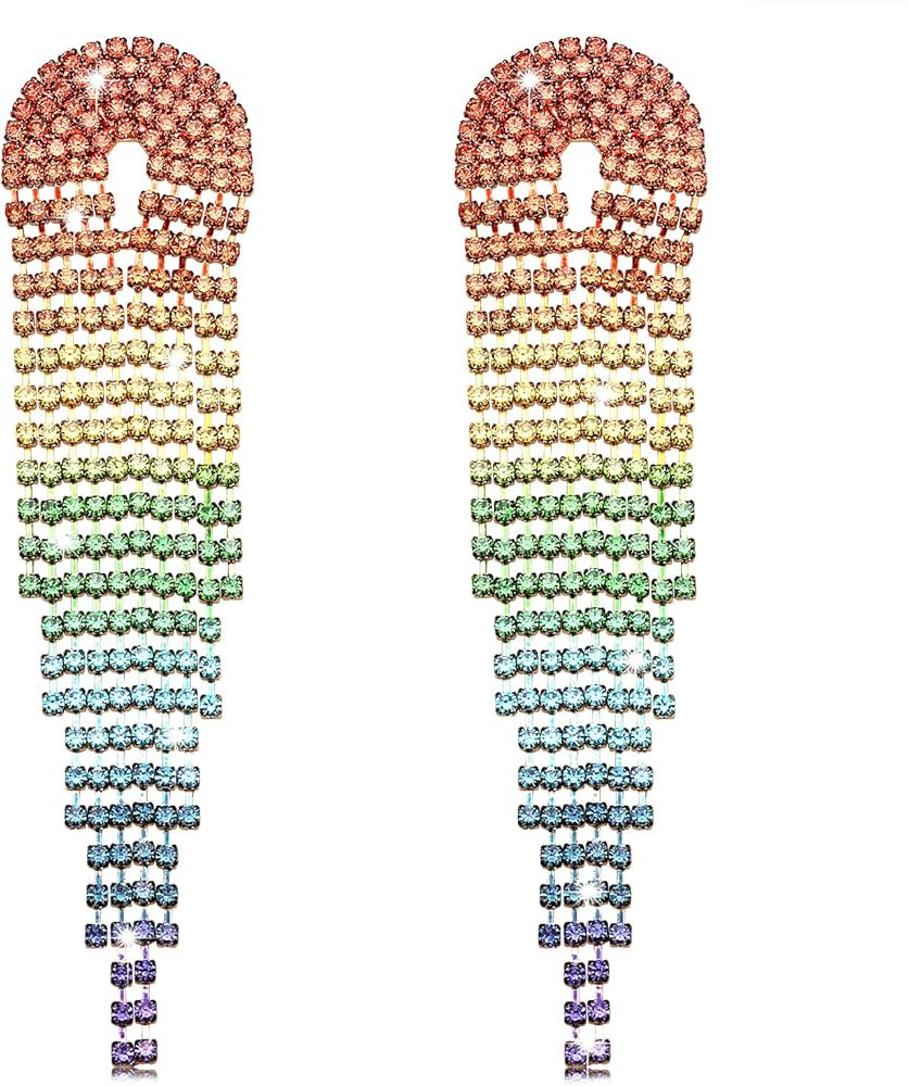 Rhinestone Earrings for Women Statement Rainbow Rhinestone Fringe Earrings Boho Chandelier Drop D... | Amazon (US)