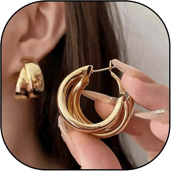 Chunky Hoop Earrings for Women Dainty 14K Gold Plated Double layer Statement Hoop Earrings Elegan... | Amazon (CA)