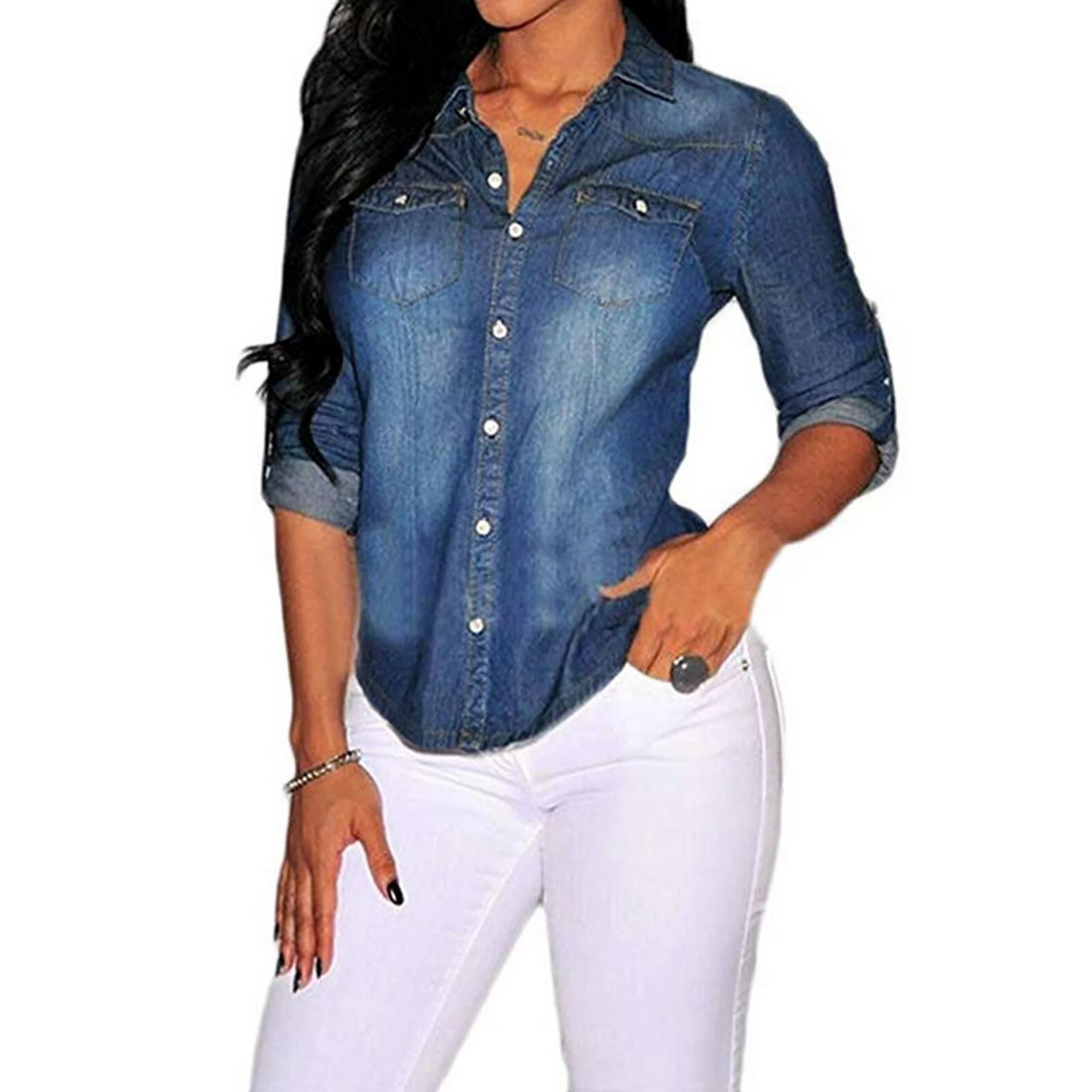 Retro Women Blue Jean Fitted Soft Denim Long Sleeve Shirt Tops Blouse Jacket | Walmart (US)